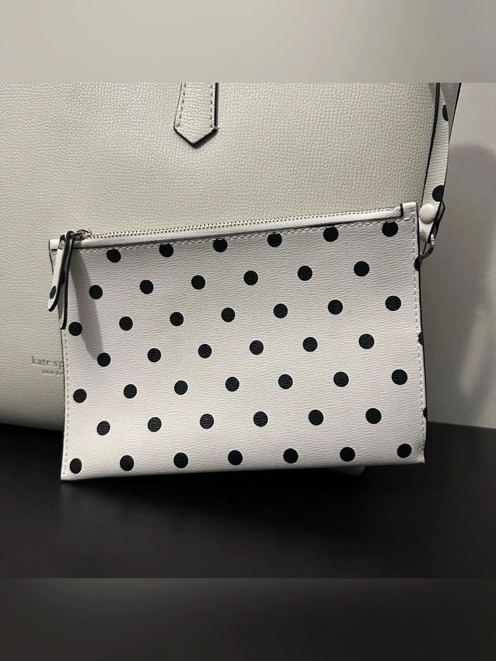 Kate Spade Molly Cabana Dot Pop Large Leather Tote White w/ Pouch
